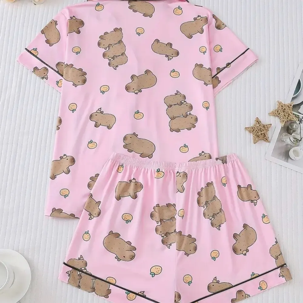 Pink Teddy Bear Pajama Set with Piping Details Size M - Image 2