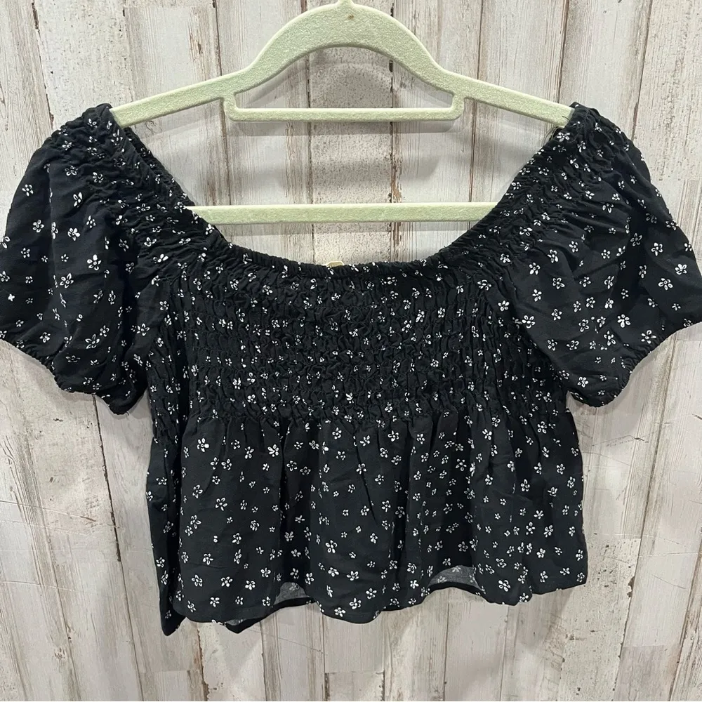 LA Hearts Black Floral Smocked Flowy Baby Tee Top Womens XS Off The Shoulder - Image 4