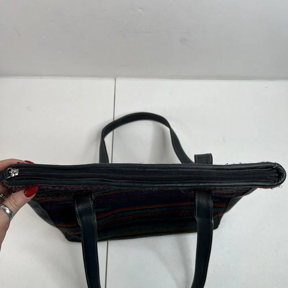 BORN Southwestern Aztec Tote Boho Wool Leather Shopper Blanket Bag Navy - Image 9