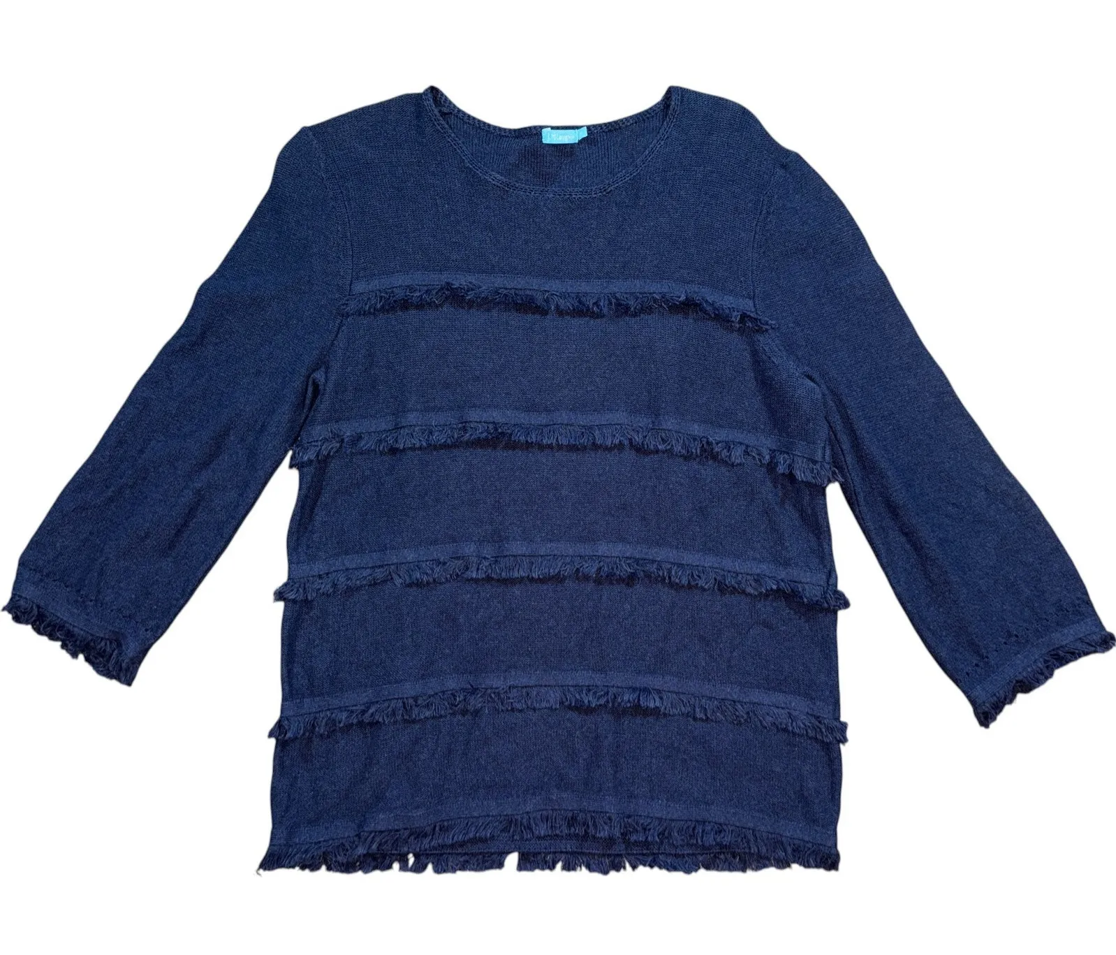 J.McLaughlin Navy Blue Cotton Fringe Trim Knit Sweater Top Womens Medium - Image 1