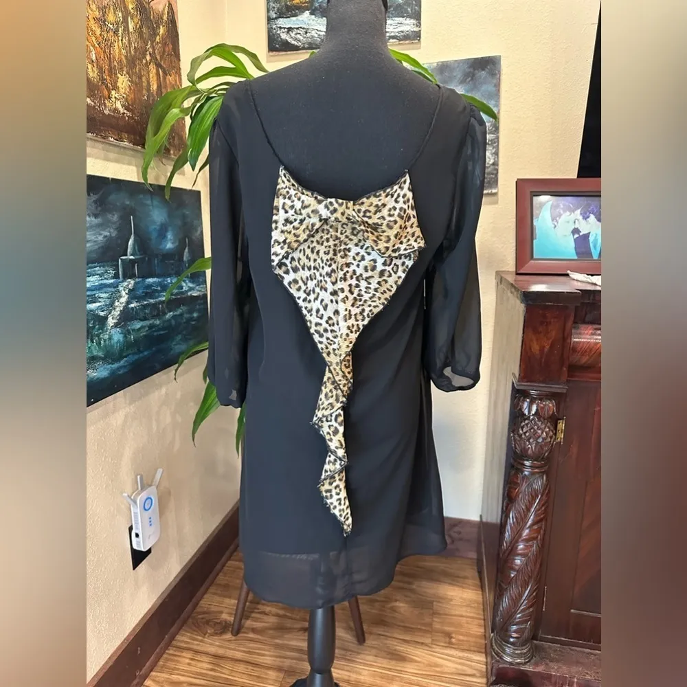 L8ter black chiffon dress  above the knee with leopard back bow Sz XL - Image 4