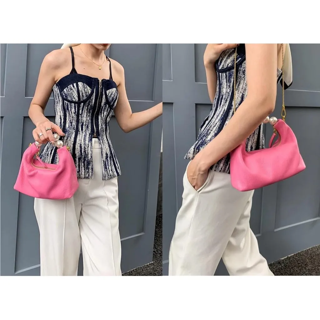⚡ Women's Top Handle Chain Pearl Strap Leather Crossbody Tote Pink Bag - Image 2