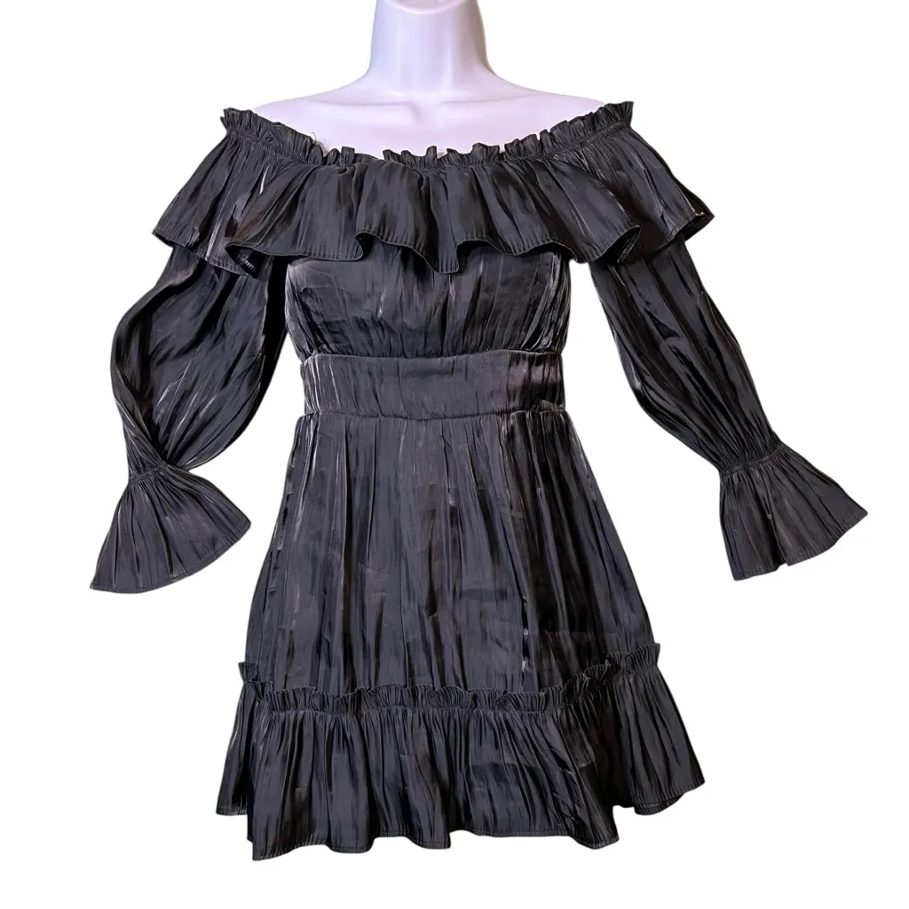 Vietnamese Mini Dress Off Shoulder Tiered Ruffle Long Sleeve Señorita Black Size XS - Image 13