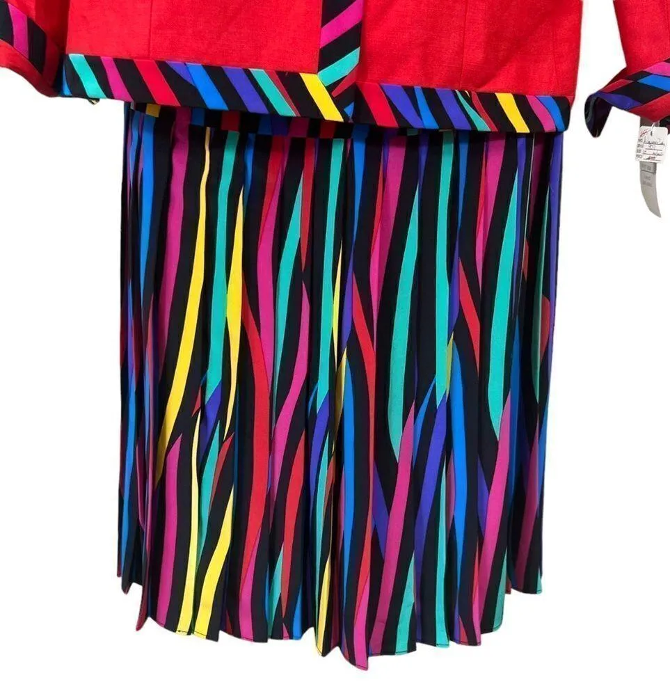 Vintage 80's Ann Lawrence Silk Blend Rainbow Striped Skirt Set Red Size 10 - Image 4