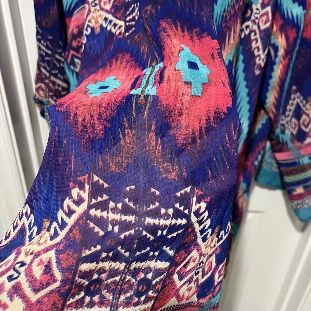 Urban Mangoz V Neck Sheer Tunic Roll Tab Sleeve Boho Festival Womens 1X Aztec Blue - Image 6
