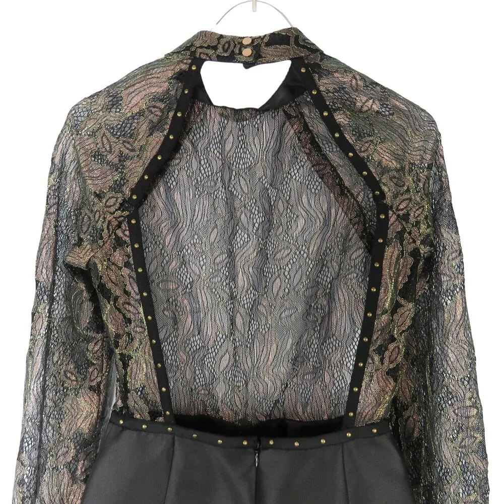 ASOS Black Sheer Lace Metallic Open Back Romper Size 2 - Image 4