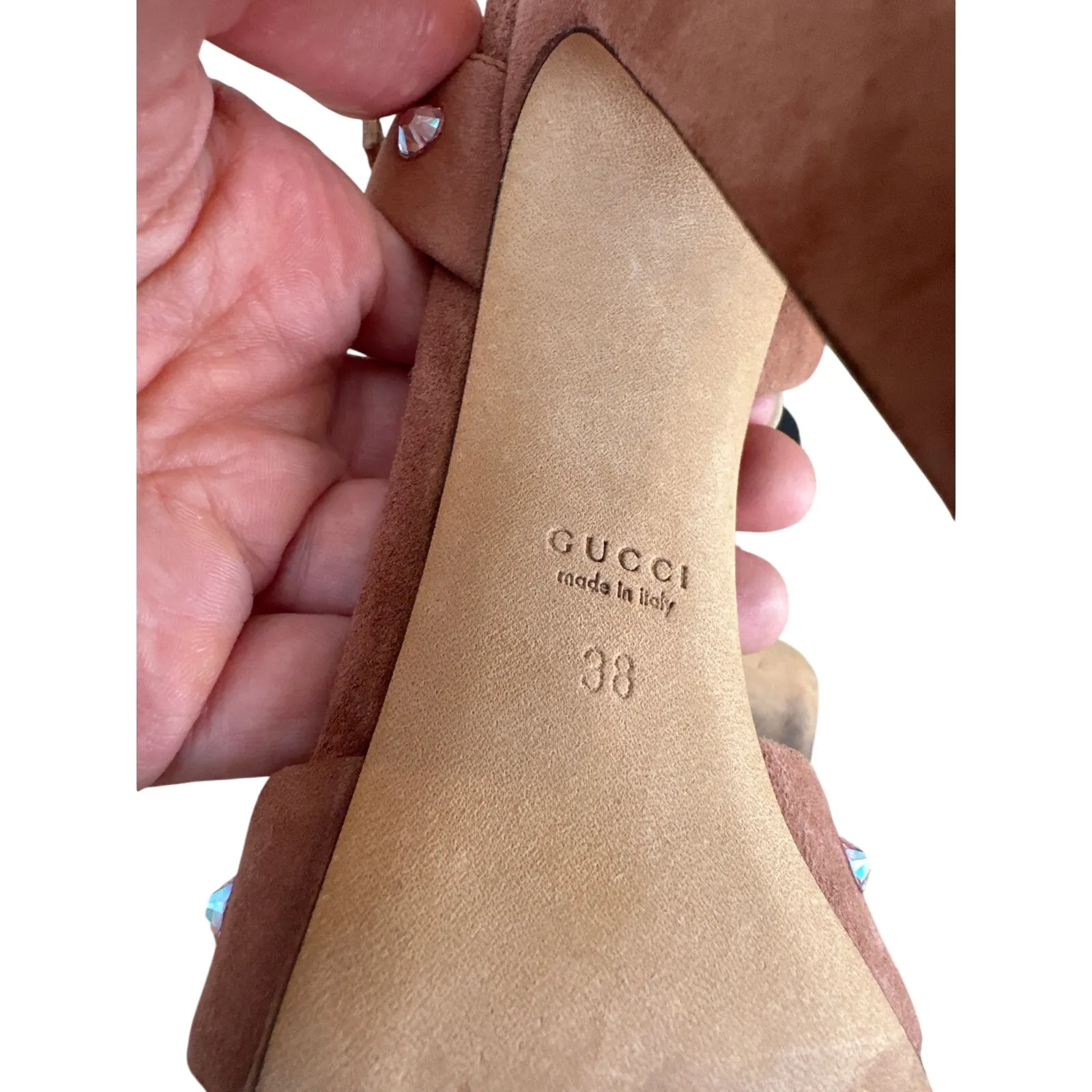 Gucci  Rose Suede Crystal T-Strap Heels Sandals Size IT 38, US 8 - Image 13