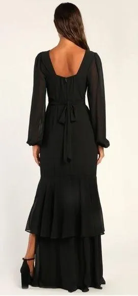 Lulus Tier Elegance Long Sleeve Tiered Chiffon Maxi Dress Black Size Medium Tie - Image 2