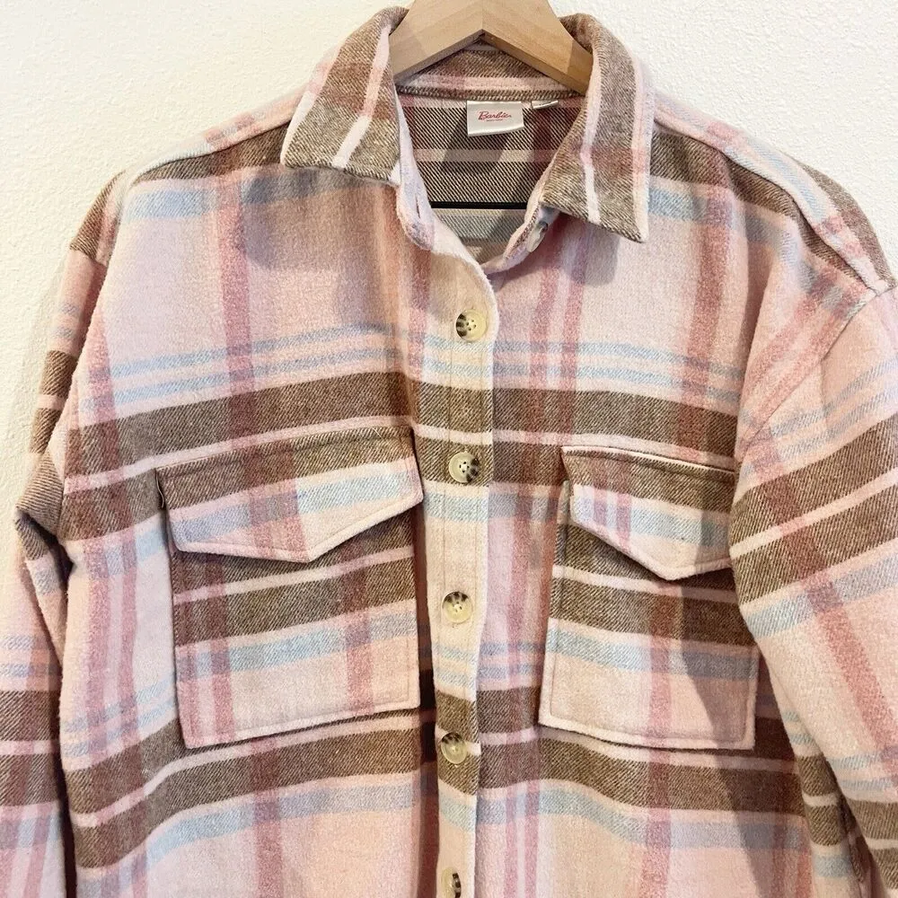 Barbie Jacket Womens Small Pink Plaid Shacket Flannel Graphic Cozy Travel Holida - Image 2
