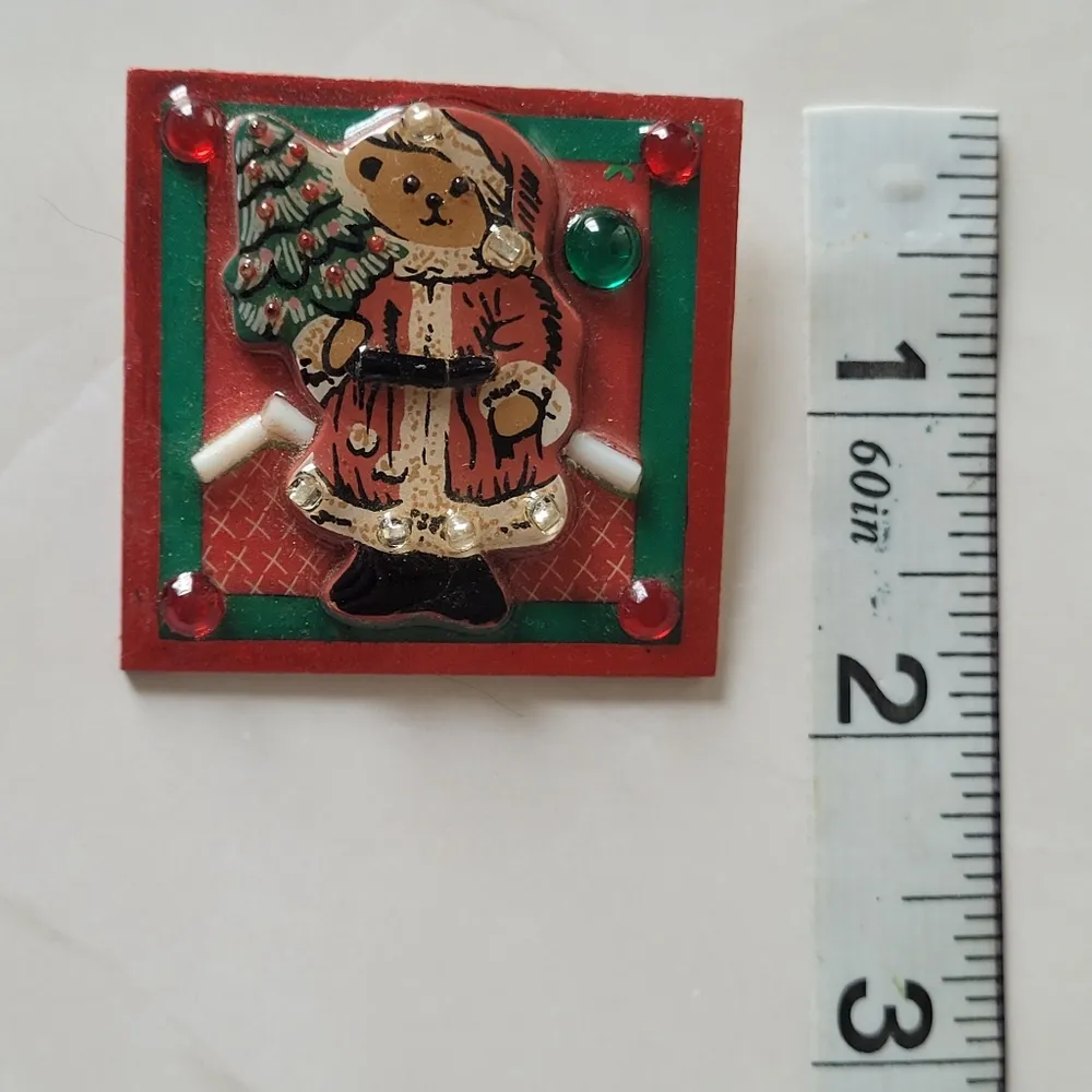 Vintage Square Christmas Teddy Bear Brooch Stocking Stuffers Red - Image 3