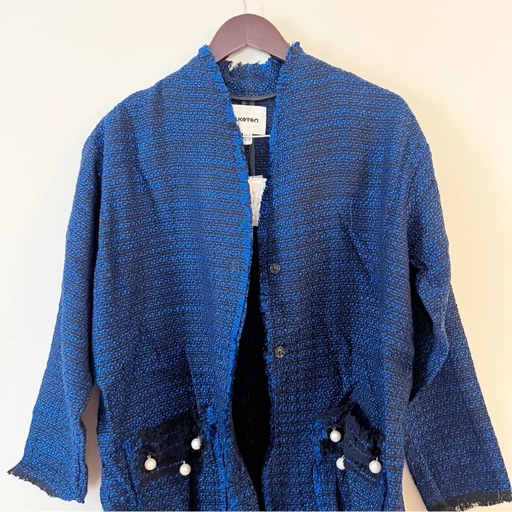 Koton Blue/Black Plaid Tweed Midi Lightweight Coat Formal Pearl Accents NEW Blue Size M - Image 14