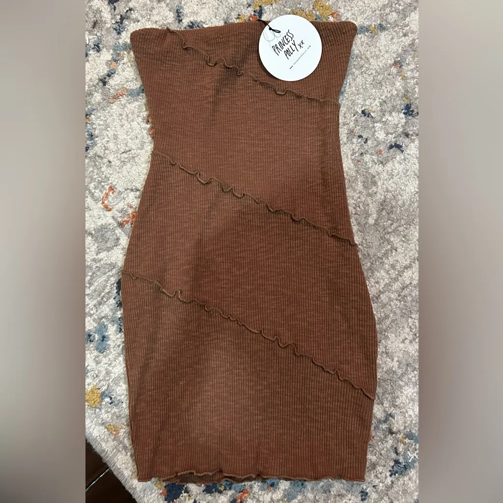Princess Polly Oscar Mini Dress Brown Size 4 Ribbed Strapless Dress - Image 3