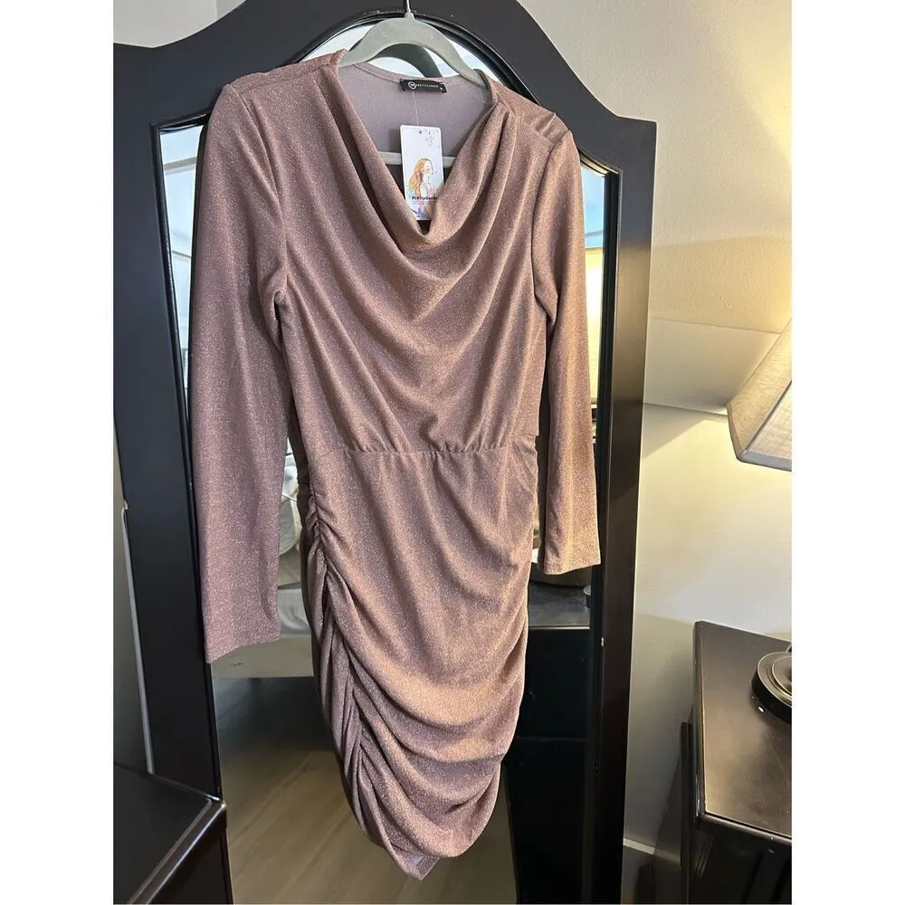 NEW Bodycon Mini Dress Sparkly Cowl Neck Ruched Dress M - Image 6