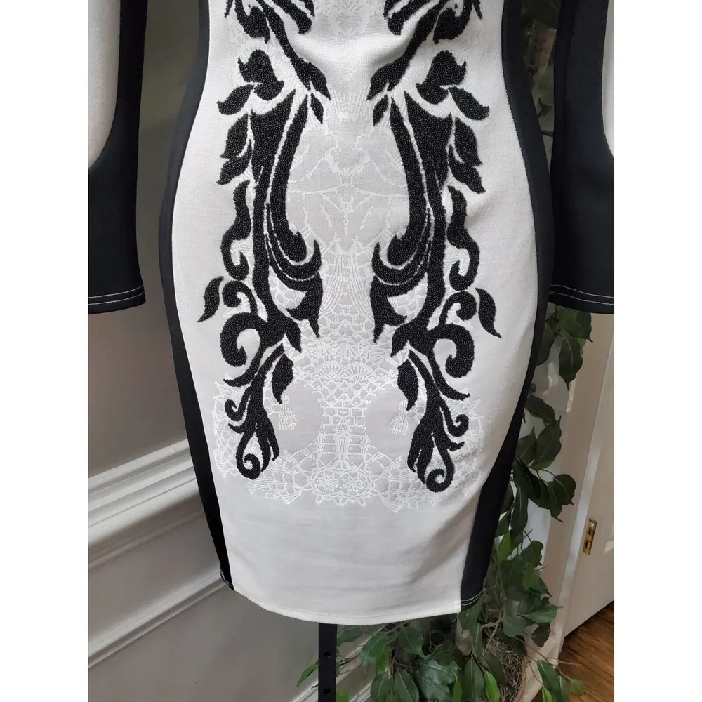 River Island Women White Black Embroidered Long Sleeve Knee Length Dress Size 6 - Image 3
