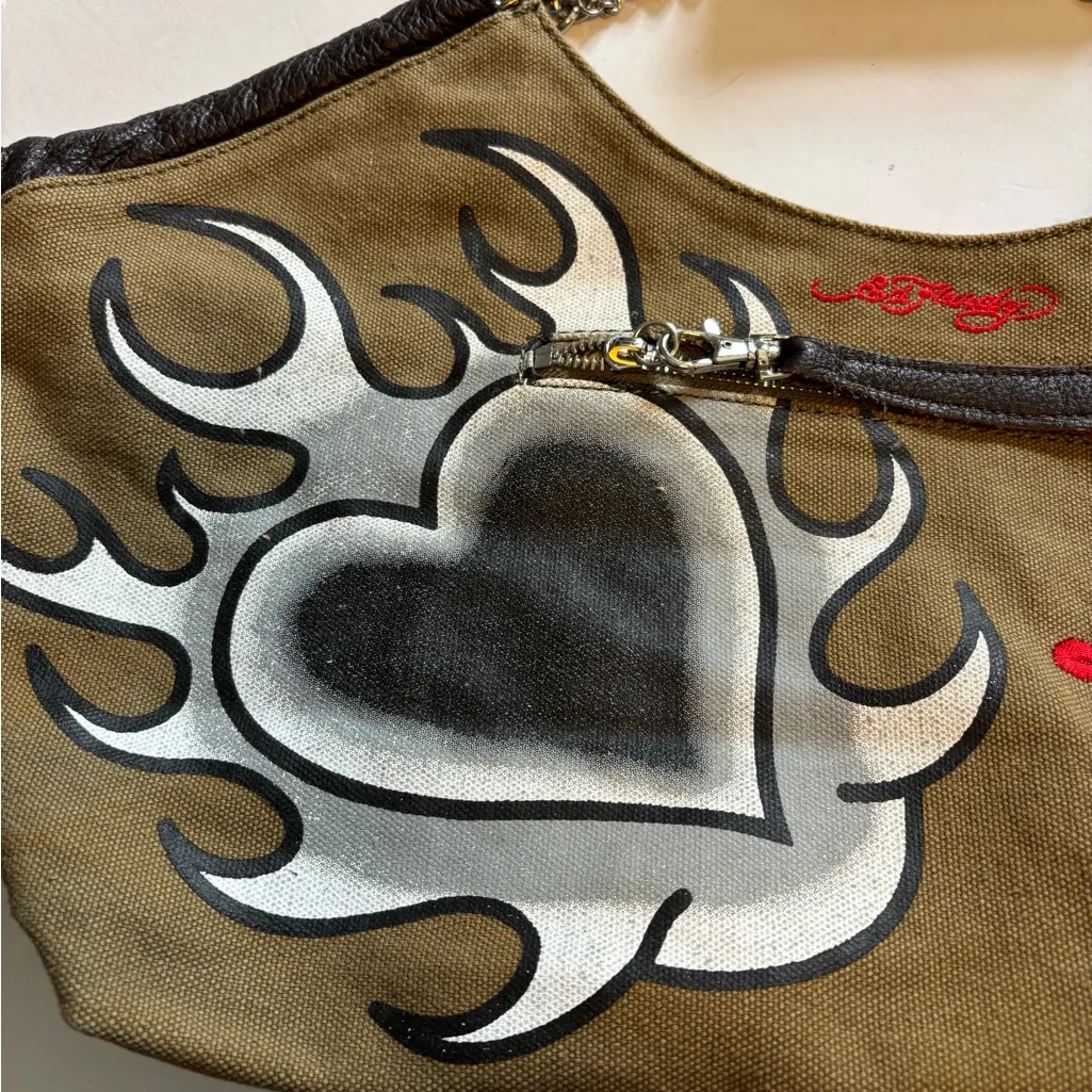 ED HARDY BLACK AND KHAKI CANVAS HAND BAG WITH CHAIN HANDLES AND GRAPHIC DESIGN - Image 5