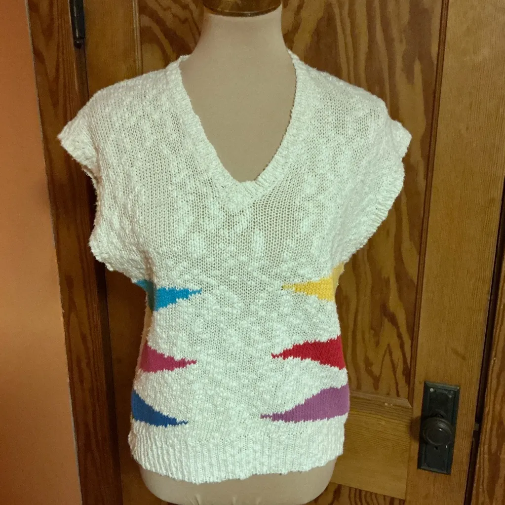 Vintage 80s Cream Knit Sweater Vest Colorful Abstract Pattern Boho Retro V - Image 4