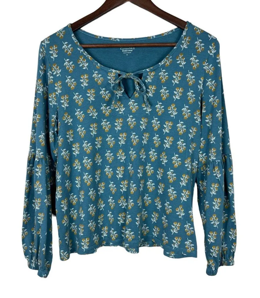 Garnet Hill Pajama Top Womens Medium Blue Long Sleeve Sundown Knit Tie Neck M - Image 1