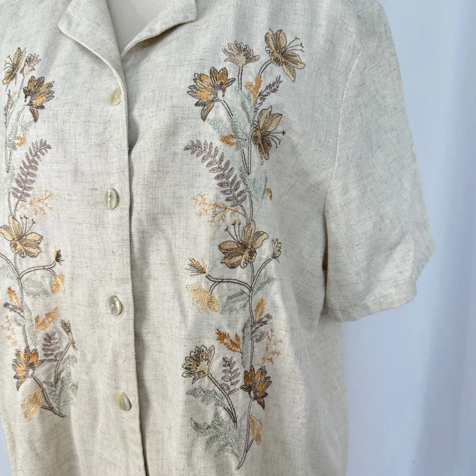 Bonworth  Embroidered Linen Blend Button Down Blouse Short Sleeve Petite Medium‎ - Image 3