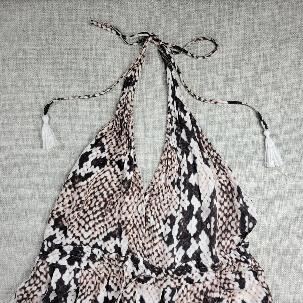 Olivaceous Womens Jumpsuit Size S White Brown Snake Print Halter Tassel Backless - Image 3