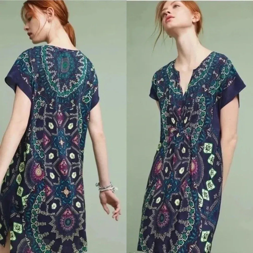 Anthropologie Maeve 100% Silk Medallion Bohemian Tunic Dress Size XS - Image 4