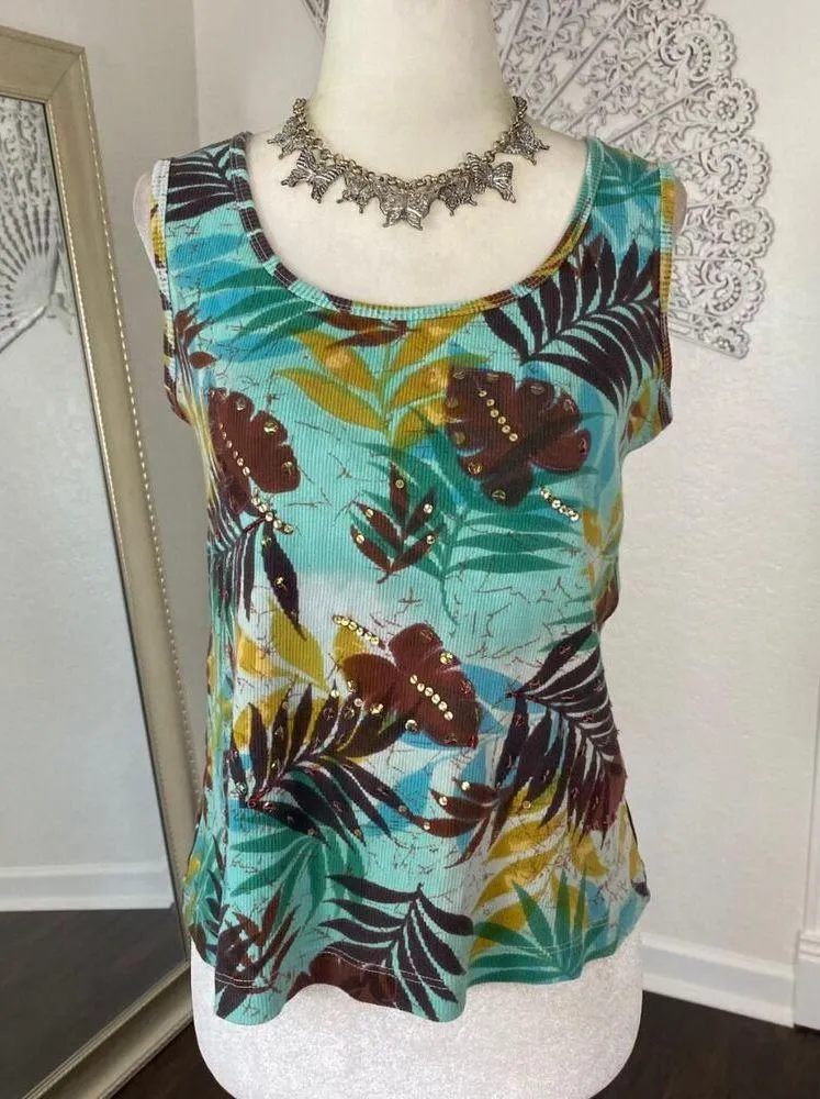 Early 2000's Green Brown Cotton Palm Tree Floral Sequin Hawaiian Cami Tank Top S - Image 2