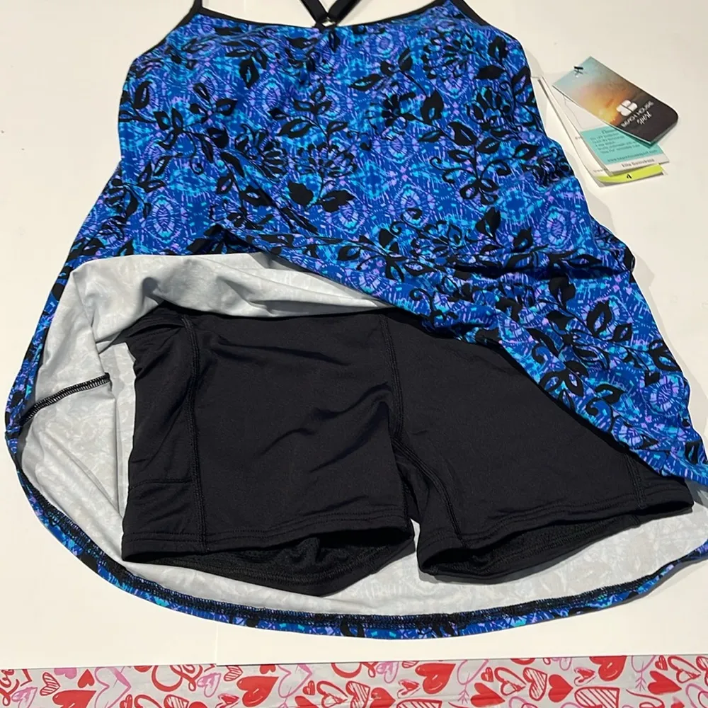 Beach house sport one piece swim bathing suit skort NWT size 4 blue floral - Image 2