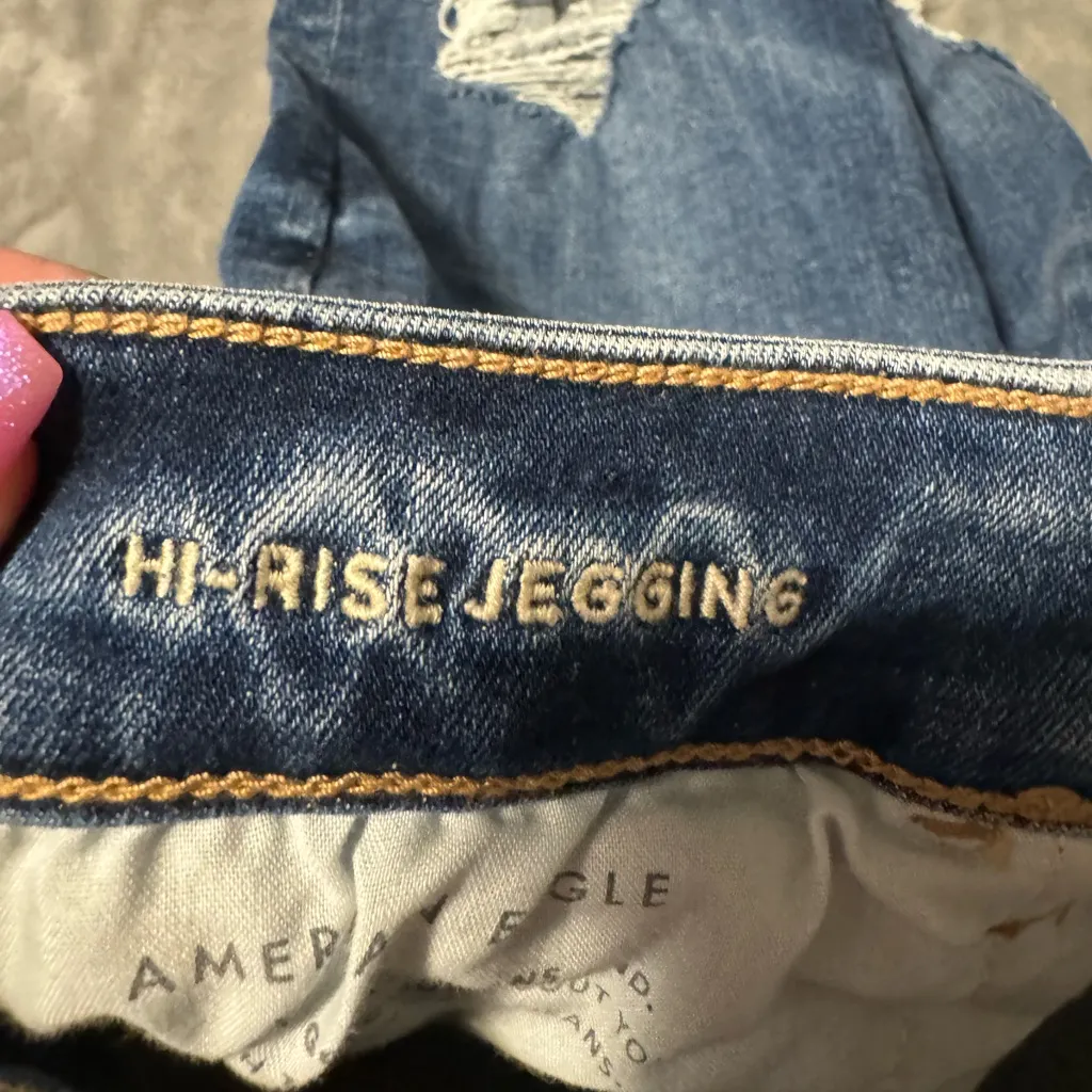 American Eagle Outfitters Dark Blue Distressed Hi Rise Jegging Skinny Jeans - Image 5