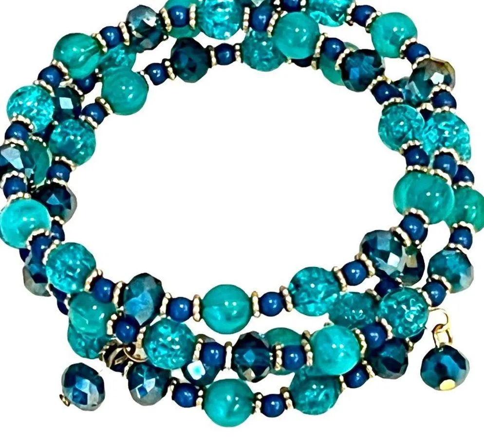 Blue WRAP BRACELET 28" Turquoise Glass Acrylic Bead Beaded Gold Accent - Image 3