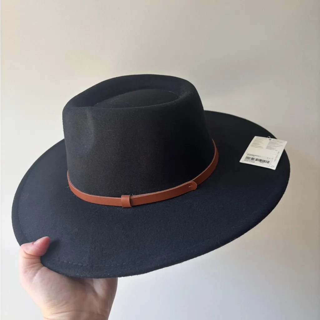 NEW Forever 21 Black Felt‎ Hat Fedora with Faux Leather Detailing Wide Brim - Image 6