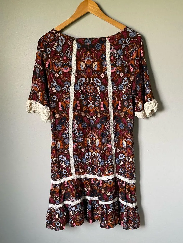 Matilda Jane Brown and Cream Floral Mini Dress Size Medium - Image 4