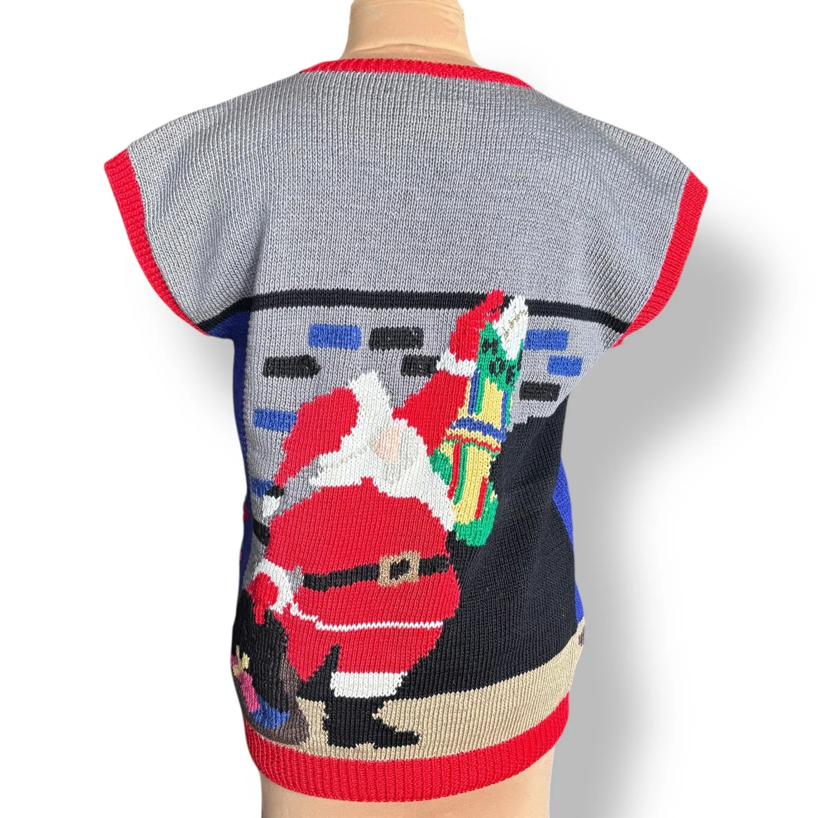 Vintage Berek 80s Hand Knit Christmas Vest Santa Tree Scene Pima Cotton Festive Blue Size L - Image 5