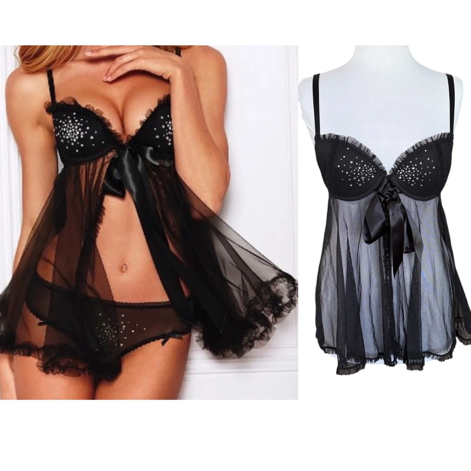 Victoria's Secret Sexy Little Things Babydoll Lingerie Bow Black Rhinestones 34D - Image 2