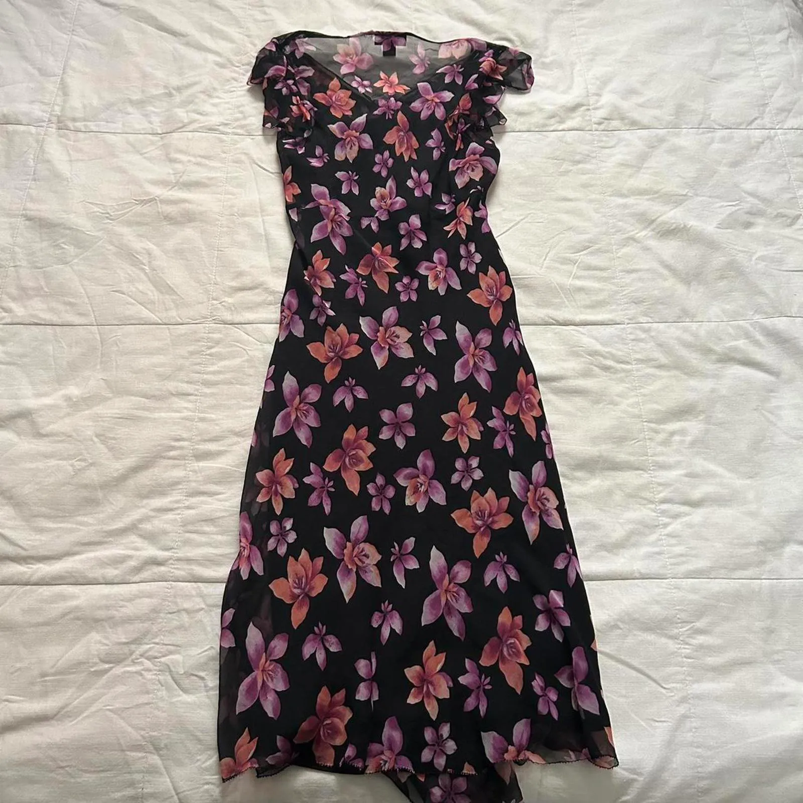 Alfani silk purple pink black floral midi dress babydoll styling flutter sleeves - Image 3