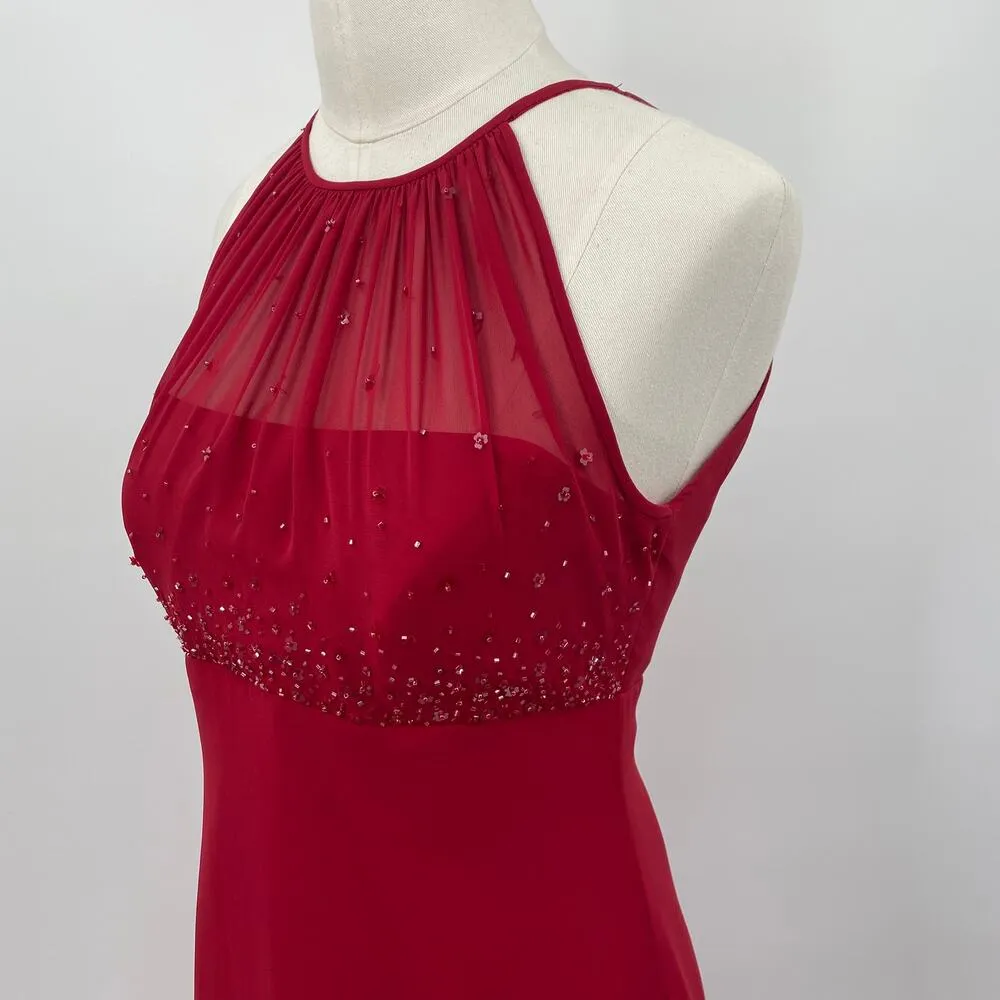 Vintage Y2k Beaded Evening Gown Maxi Dress Halter Neck Empire Waist Red Womens 0 - Image 7