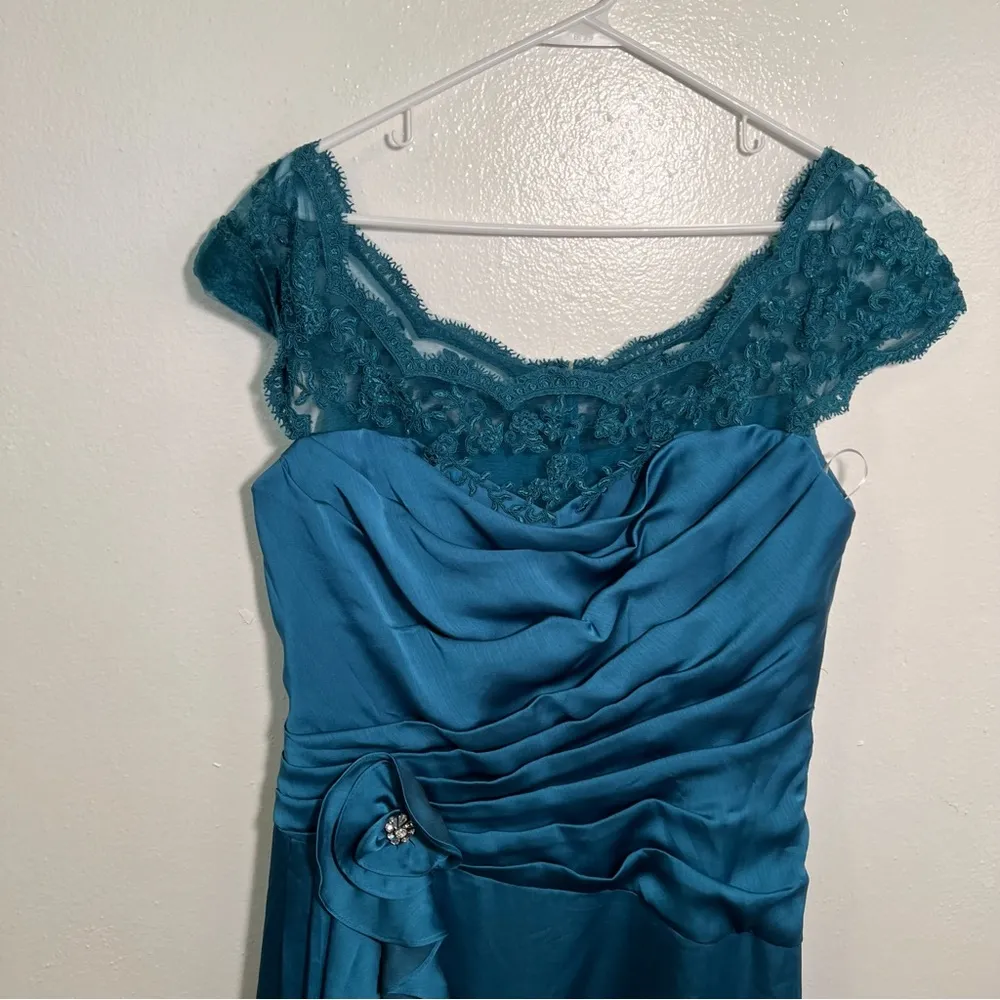 Jade Couture Gown Teal Lace Yoke Ruffle 14 Blue - Image 2