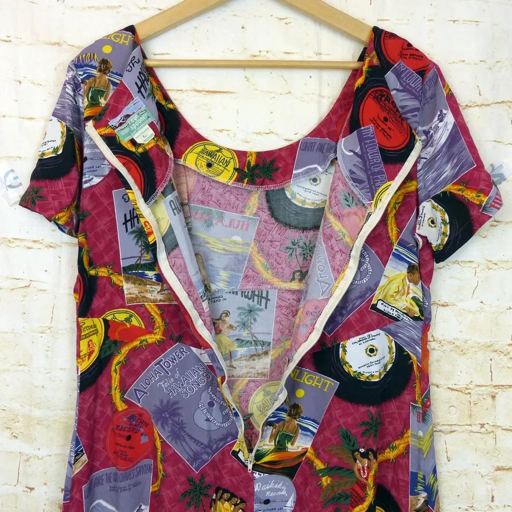 Reyn Spooner Y2K Hawaiian Novelty Printed Dress Womens L Red Rayon Records Aloha Size L - Image 15