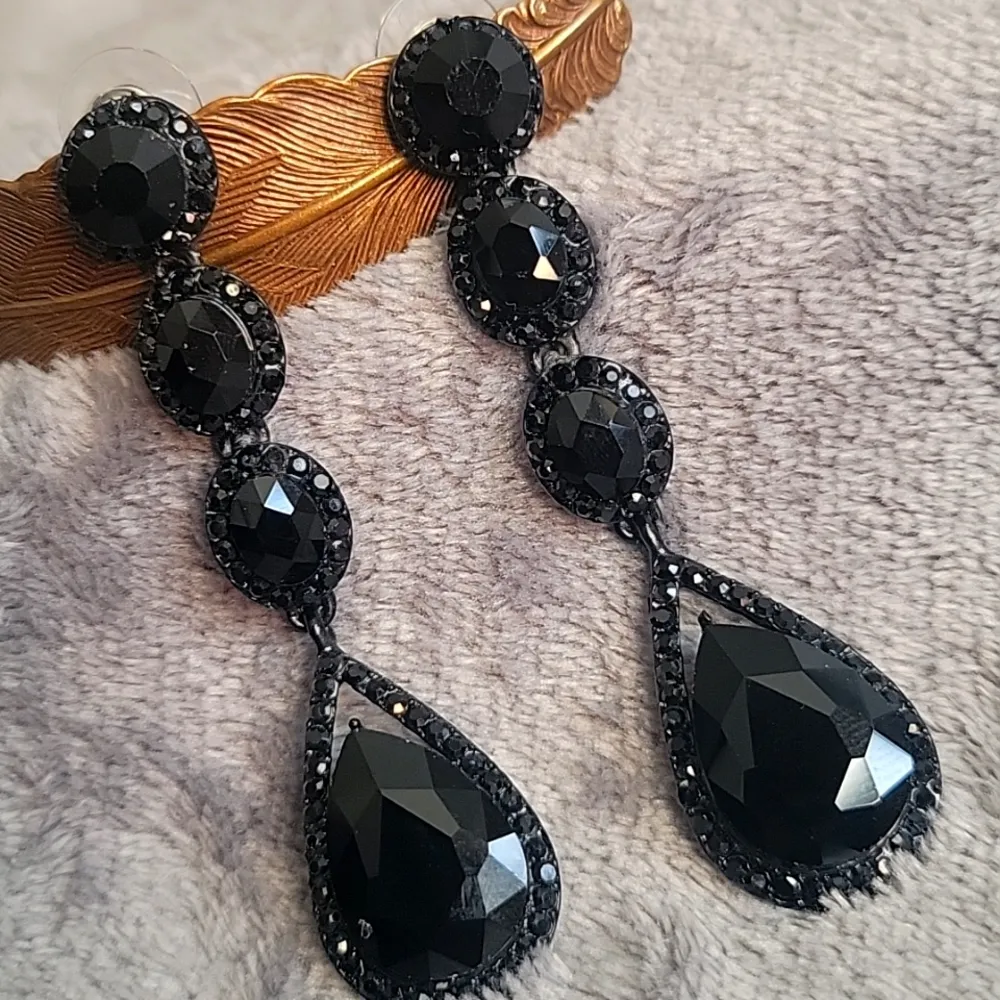 Long Jet Black Crystal Rhinestone Drop Dangle Earrings - Image 2