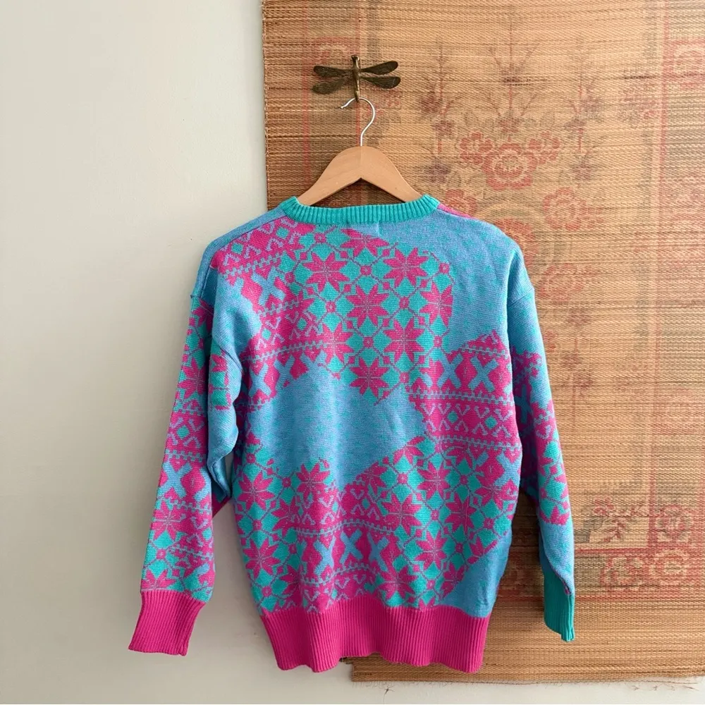 Vintage Skyr Nordic Print Wool Blend Colorful Pullover Sweater Pink Size M - Image 5