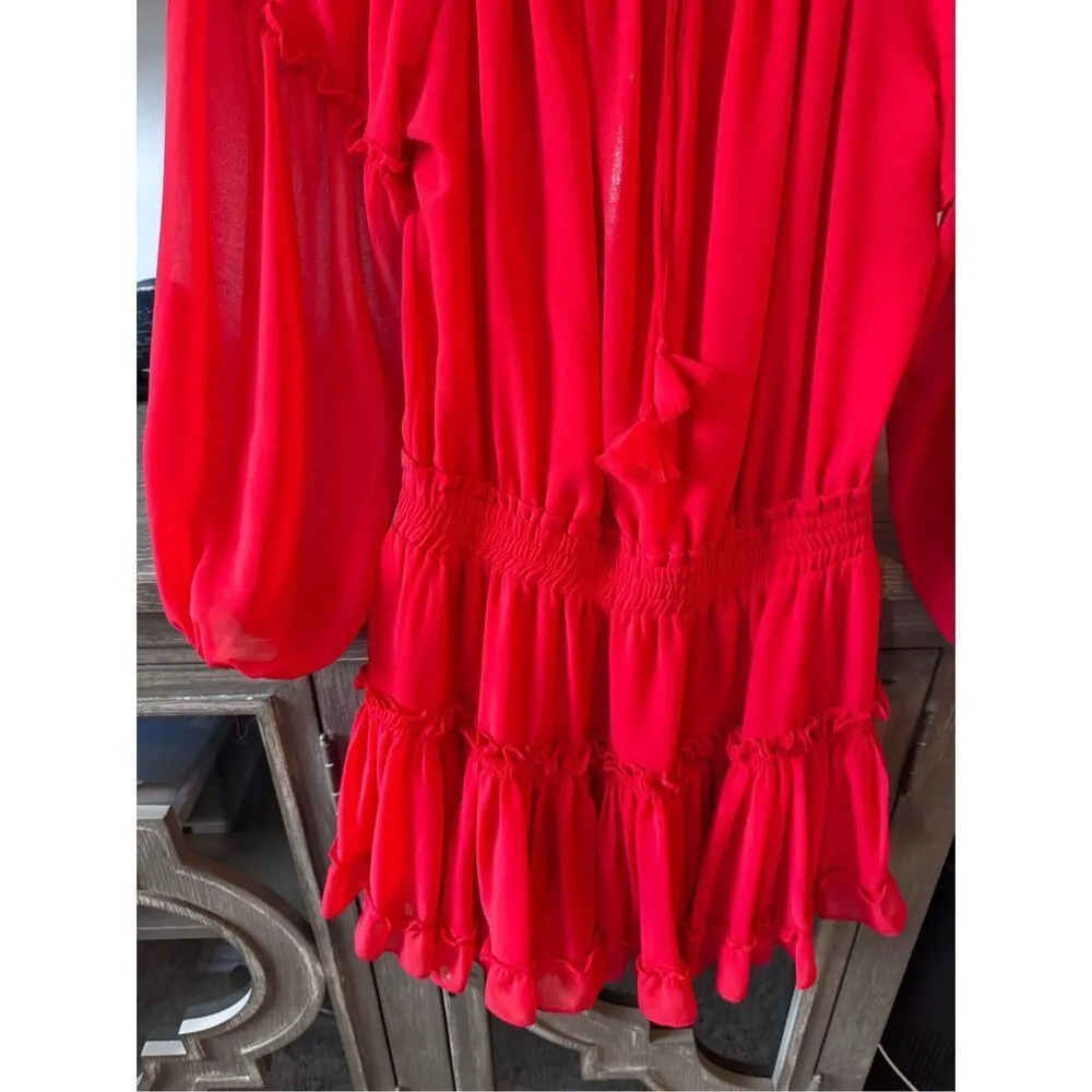 Misa Los Angeles Off Shoulder Daria Boho Crimson Red Mini Blouson Dress Size XS - Image 3