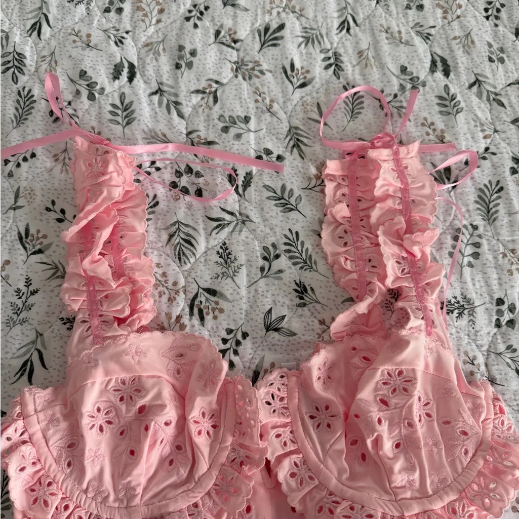 Sky to Moon Ruffle Corset Eyelet Bralette Top Sexy Cottagecore Valentines Day Pink Size M - Image 2