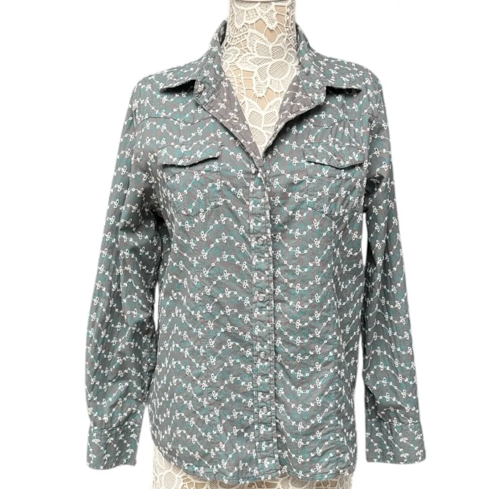 Vintage Back in the Saddle Gray Teal Western Embroidered Snap Shirt Size Large - Image 3