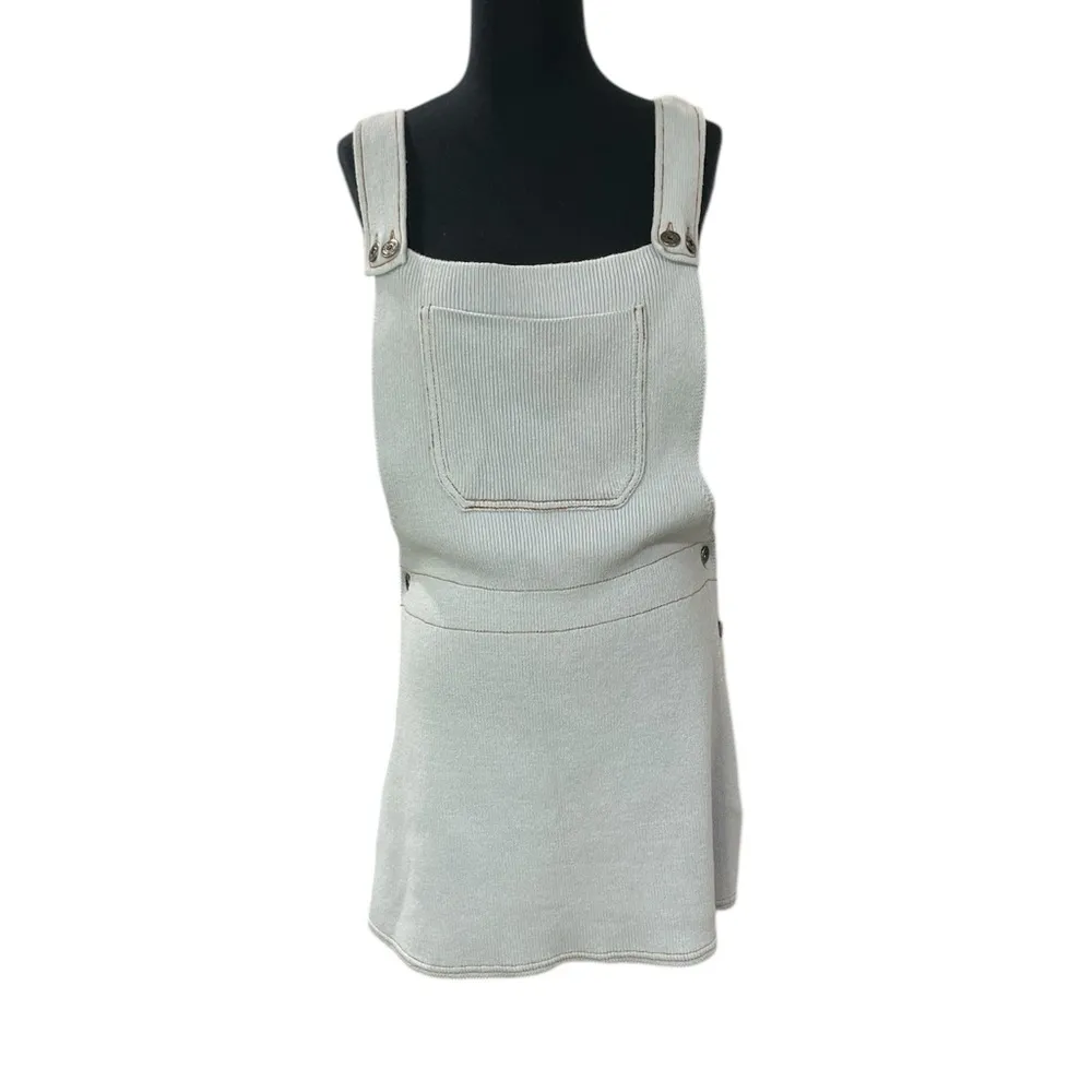 Crocheted bibbed overall sweater dress dusty blue with contrasting brown stitch - Image 2