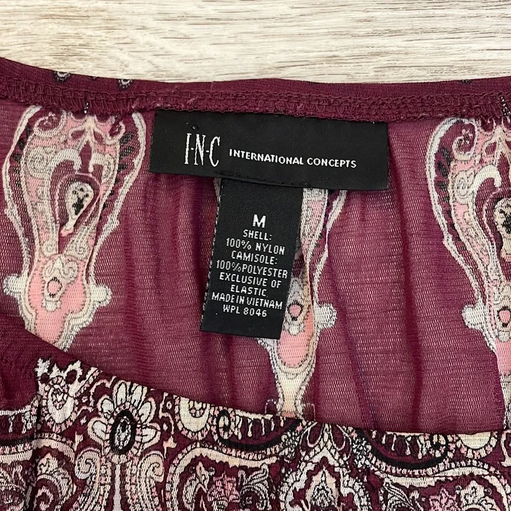 Wine Color Paisley Sheer Blouse Elastic 3/4 Sleeves & Low Elastic Waist M - Image 6