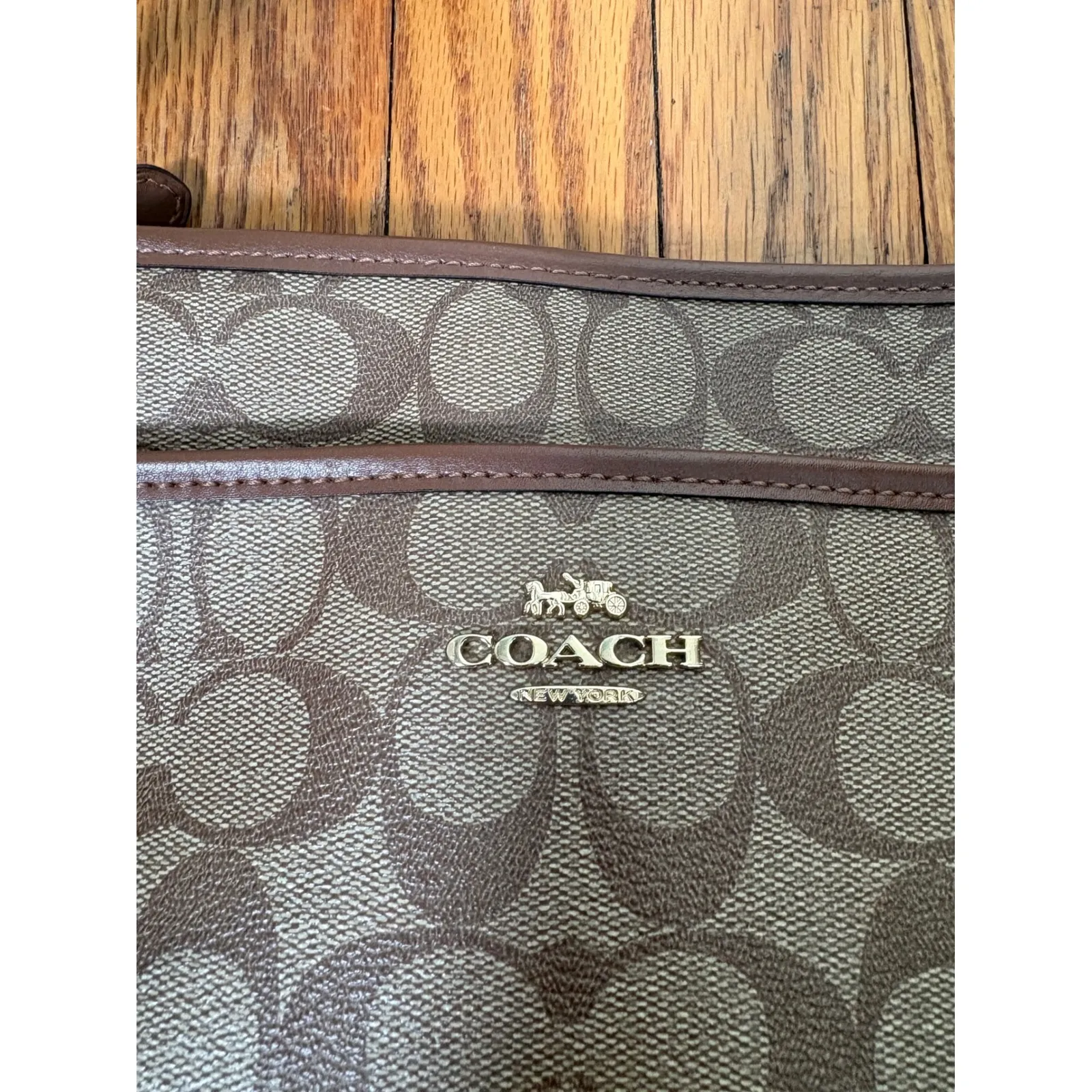 Coach Signature File Canvas Crossbody Bag Brown Tan Khaki Leather Trim - Image 4