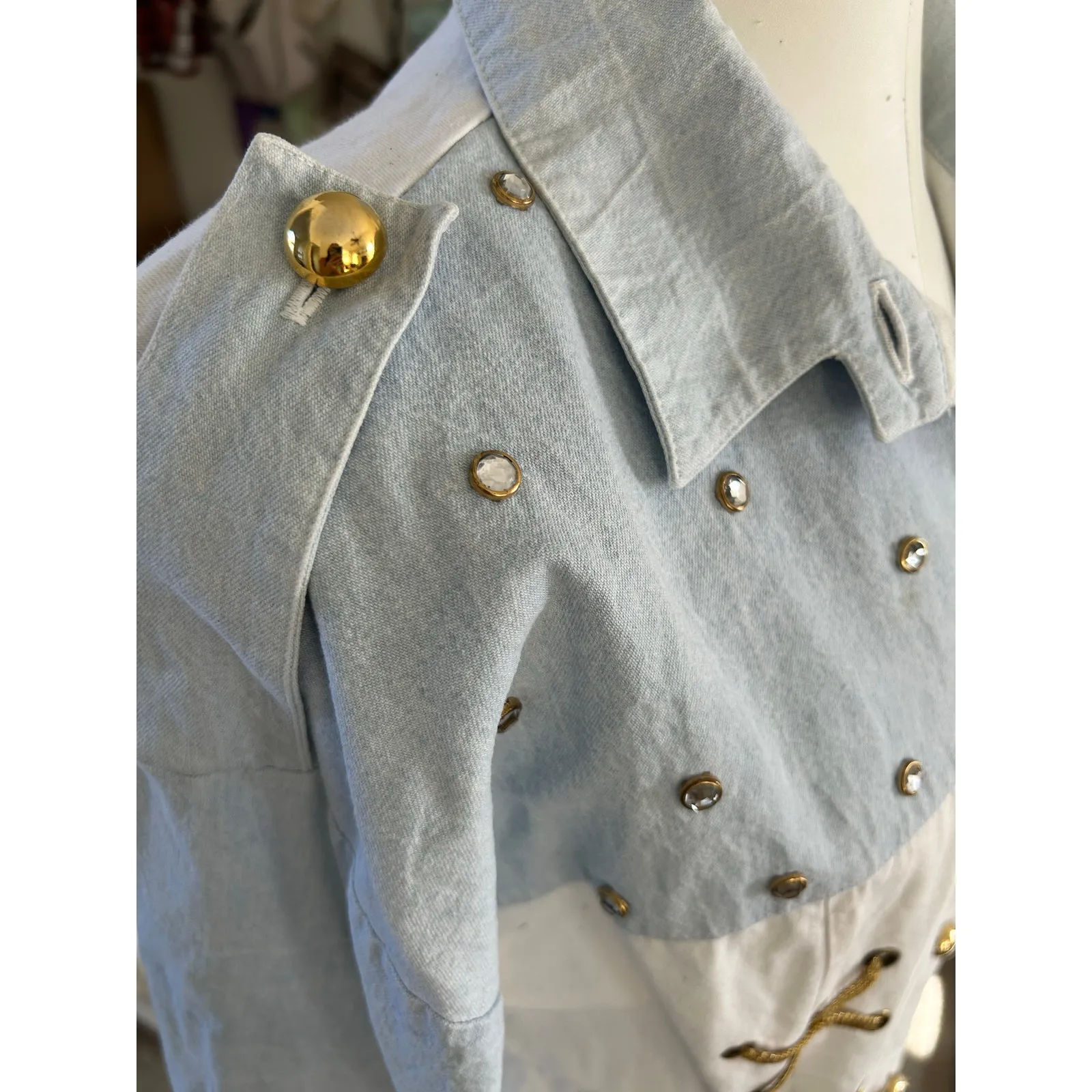 Vintage 80s FRESH Studded Gold Embellished Bomber Jacket Blue Cream Women's L Size L - Image 8