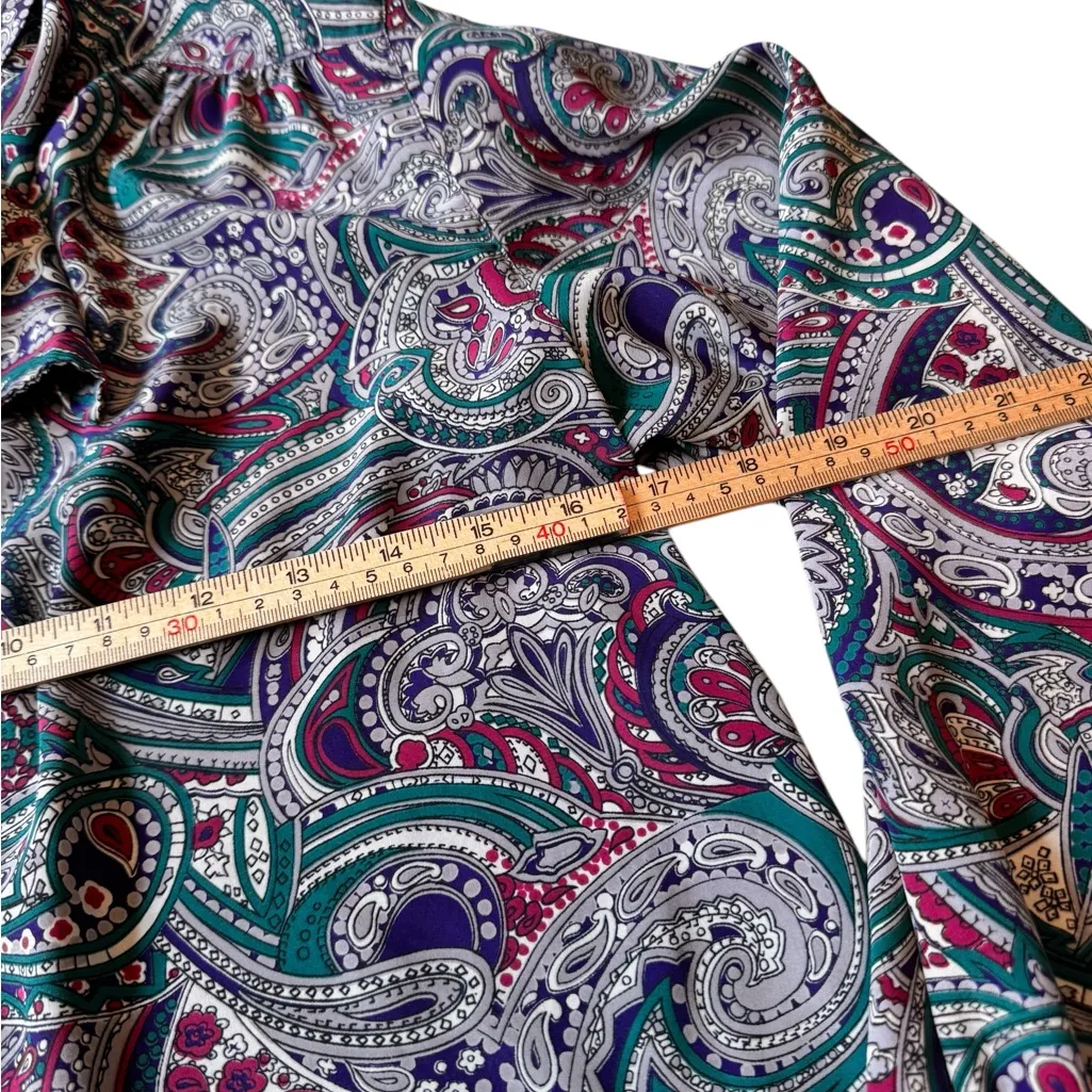 Alfred Dunner Satin Paisley Blouse Size 8 Jewel Tone Retro Inspired Bow Top EUC Green - Image 6