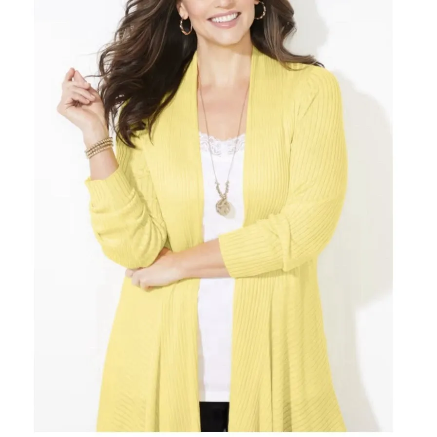 Catherines Yellow Mixed‎ Rib Drape Open Front Cardigan Sweater Size 5X - Image 3