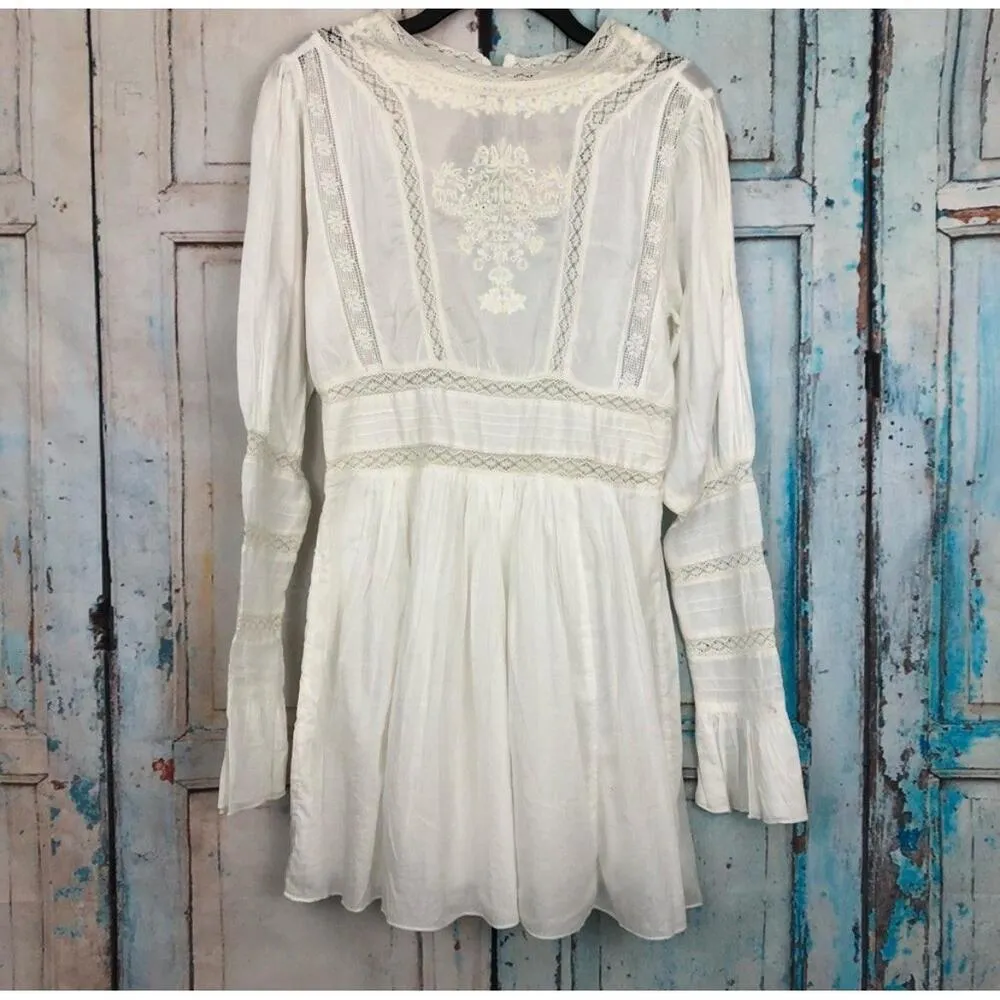 NWOT Free People Ivory Victorian Waisted CROCHET Mini Dress 2 Lace Cotton Womens - Image 2