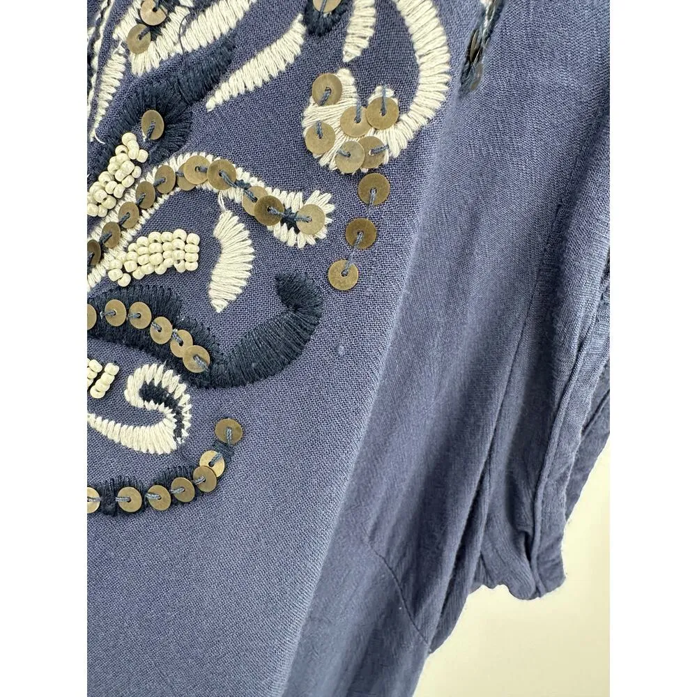 Katherine .K Tunic Women Medium Embroidered Short Sleeve Rayon Coastal Vaca Blue - Image 7