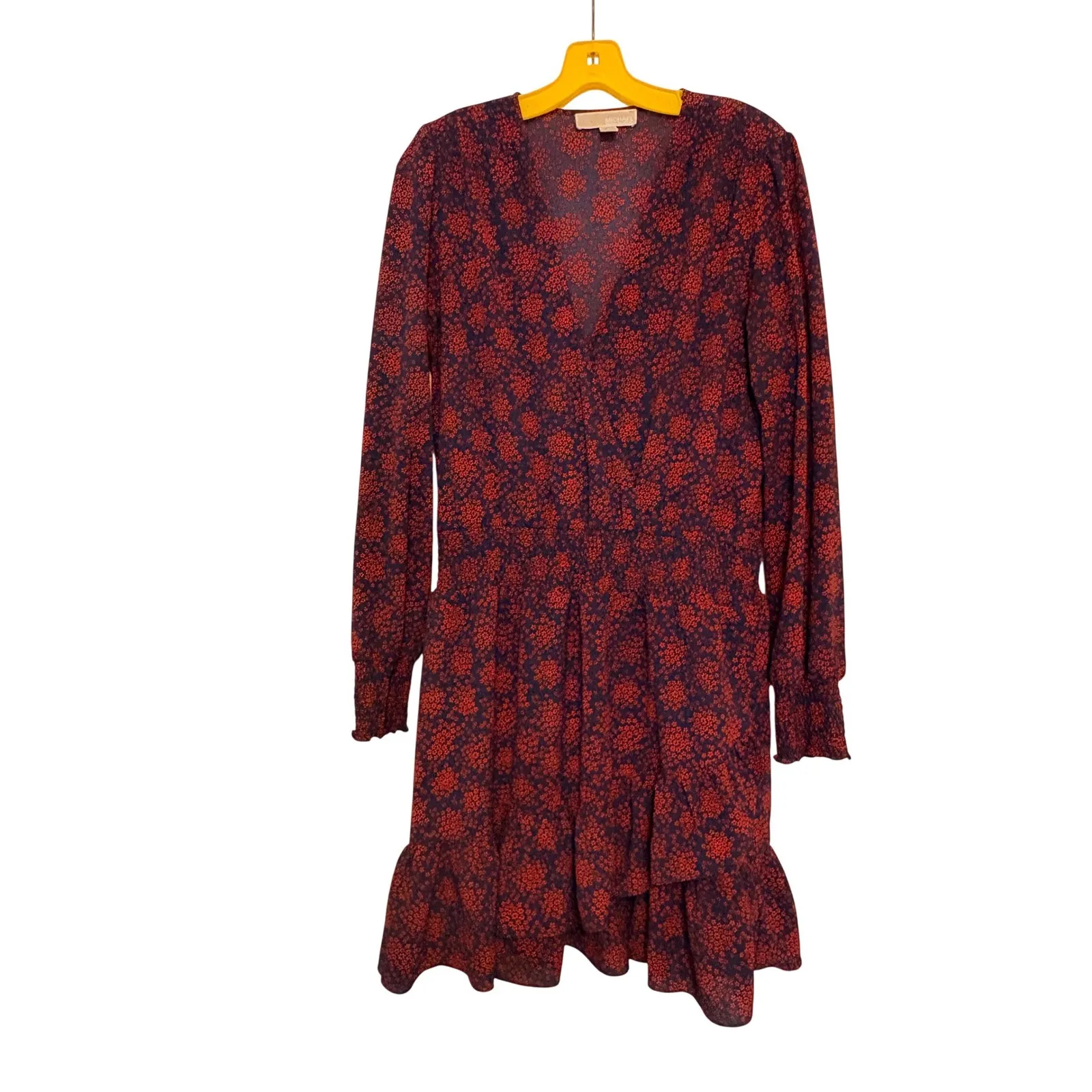 Michael Kors Long Sleeve V-Neck Red Blue Floral Mini Fit Flare Dress Sz Large - Image 2